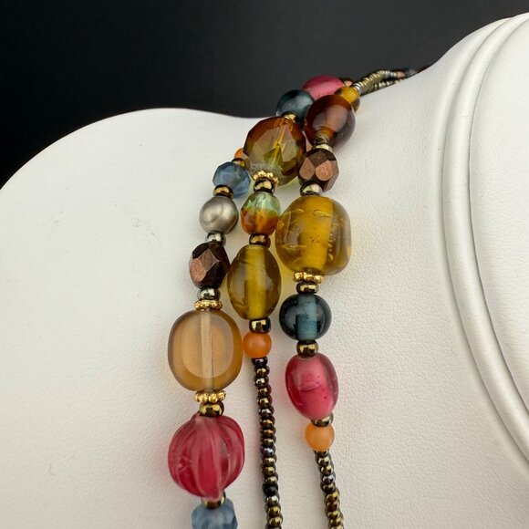 Vintage Multicolor Glass Bead Necklace Long Strand With Gold-Tone Accents Boho S - Picture 3 of 11